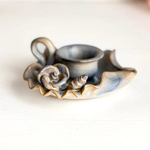 Vintage Greek Ceramic Chamberstick Shell & Rose Drip Glaze