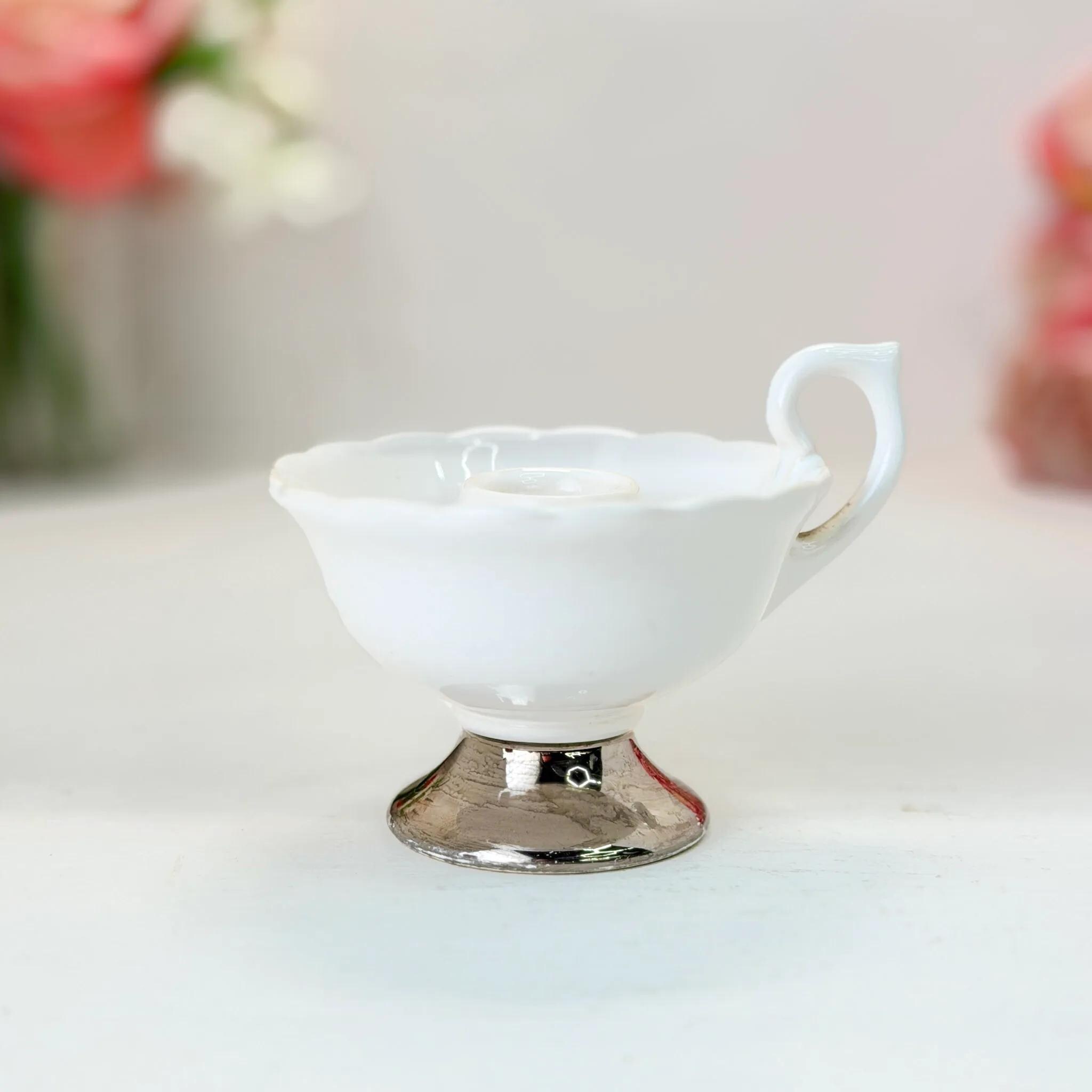 Holland 356 White Ceramic Chamberstick Silver Trim Vintage Candle Holder