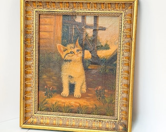 Cuadro al óleo antiguo enmarcado: Gatito atigrado jengibre, J Broom & Son, estilo victoriano.