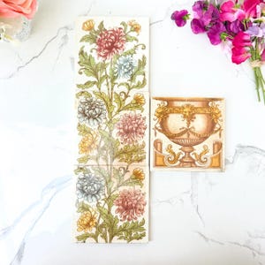 Antique 1890s Ceramic Fireplace Tiles Hand-Tinted Chrysanthemum Set of 4
