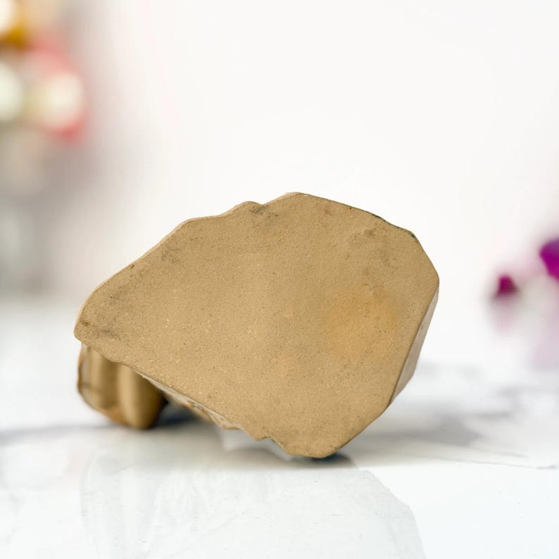 Close-up of a light brown rock resting on a white surface, with a blurred colorful background on the left.