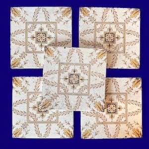 Antique Minton Victorian Tiles, 1891 Floral Transferware, Set of 5, Yellow