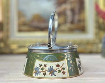 Victorian Biscuit Barrel, Hand-Painted Floral Design, Silver Plate Lid, 1880s