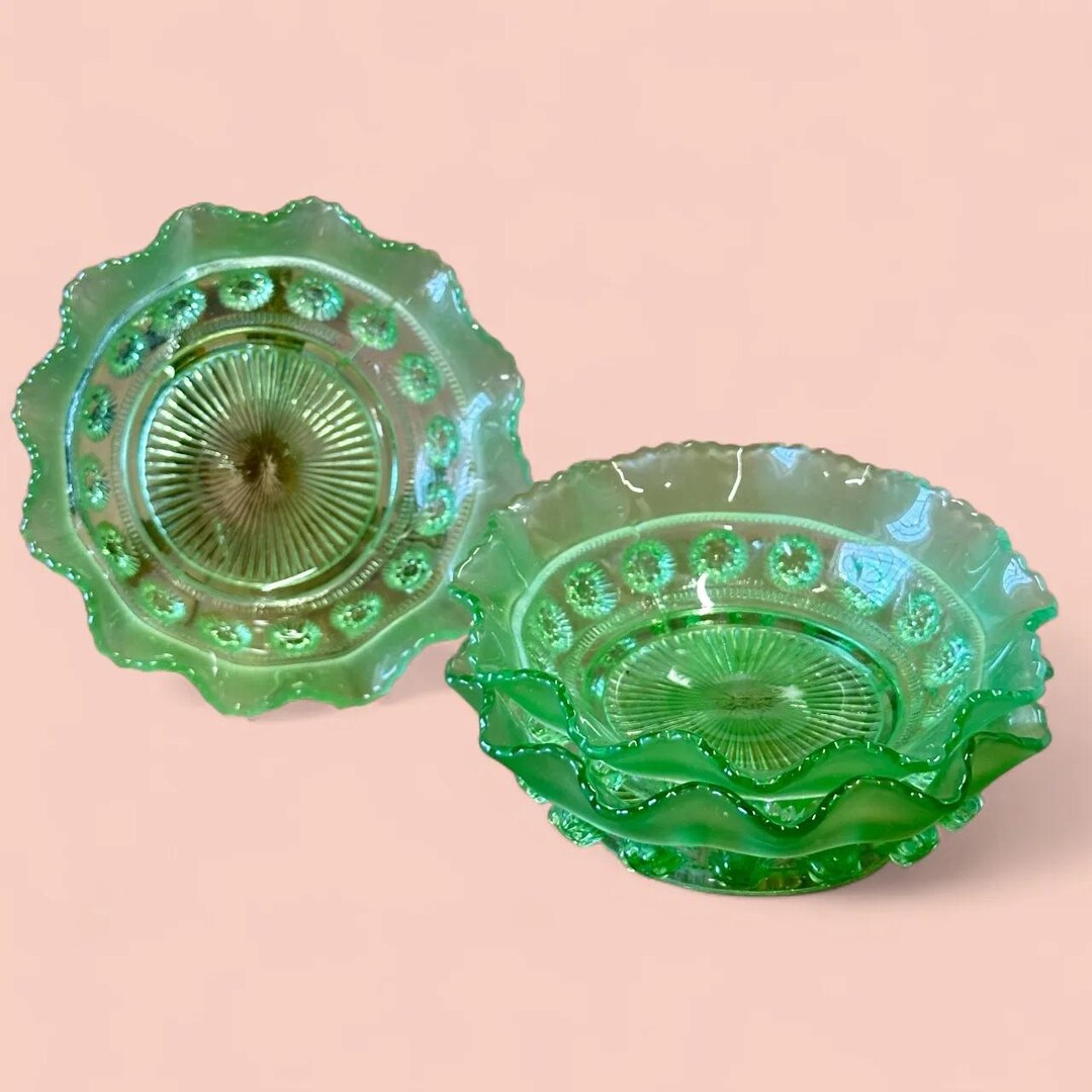 Prunt Set of 3 Davidson Green Glass Blackberry Prunt Bowls | Art Deco Sweet ...