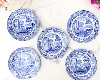 Juego de 5 platos de postre Copeland Spode azules italianos, 1938.