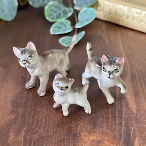 Vintage 1960s Porcelain Cat Figurines, Trio Set, Collectable Miniatures