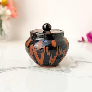 David Knee Studio Pottery Lidded Pot Black & Orange Glaze 1968