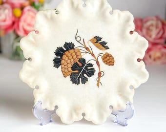 Vintage Pietra Dura Marble Scalloped Plate Botanical Inlay