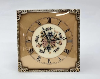 Vintage Brass Wind Up Clock Embroidered Floral Face Made in England 1950s