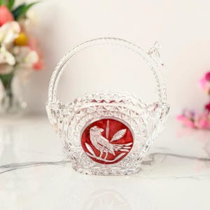 Hofbauer Byrdes Ruby Red Lead Crystal Basket Vintage German Glass Bird
