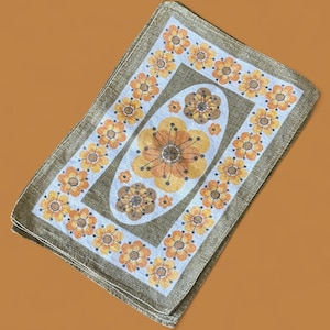 Kitschy 70s Floral Placemat Set of 6 Vintage Irish Linen Gold Brown MCM