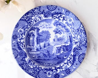 Bol de postre antiguo italiano azul Copeland Spode, de loza decorada con transferencia, 1921.