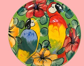 Vintage Hand Painted Parrot Plate, Colourful Tropical Studio Pottery Bowl, Signed 2007