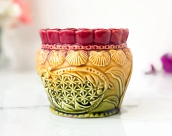 Maceta de mayólica Art Nouveau con esmalte de frambuesa y cerámica antigua
