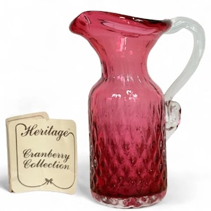 Canadian Rossi Cranberry Art Glass Jug, Hand Blown Optic Pitcher, Heritage Collection