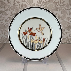 Vintage Chokin Art Plate - 24K Gold Rim - Hummingbird & Iris - Japan
