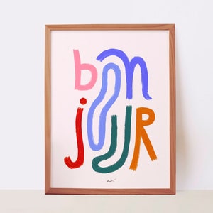 Colorful typographic illustration with French greeting, wall poster with word Bonjour