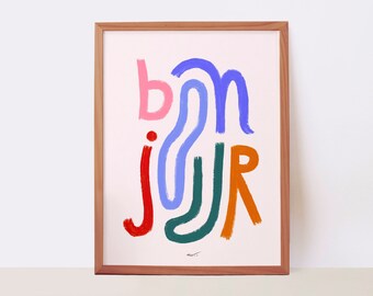 Colorful typographic illustration with French greeting, wall poster with word Bonjour