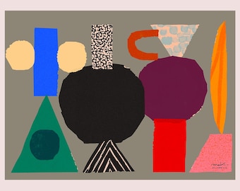 Modern wall art with vase art in colourful shapes and textures, ideal for decorating the living room or kitchen.