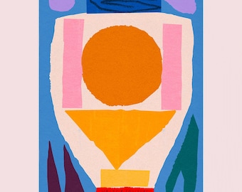 Wall art with white vase and colourful geometric elements, ideal for decorating the living room.