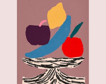 Minimalist poster of a bowl of fruit, ideal for decorating the dining room or the kitchen