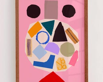 Wall art with white vase and colourful geometric elements, ideal for decorating the living room.