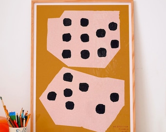 Poster with minimalist and geometric illustration of imperfect dice ideal for decorating the living room or bedroom.