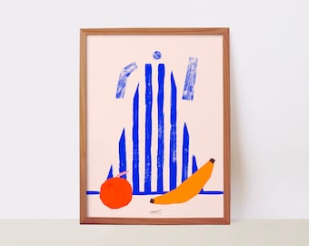 Poster printed in high quality with illustration of blue striped coffee pot next to an orange and banana