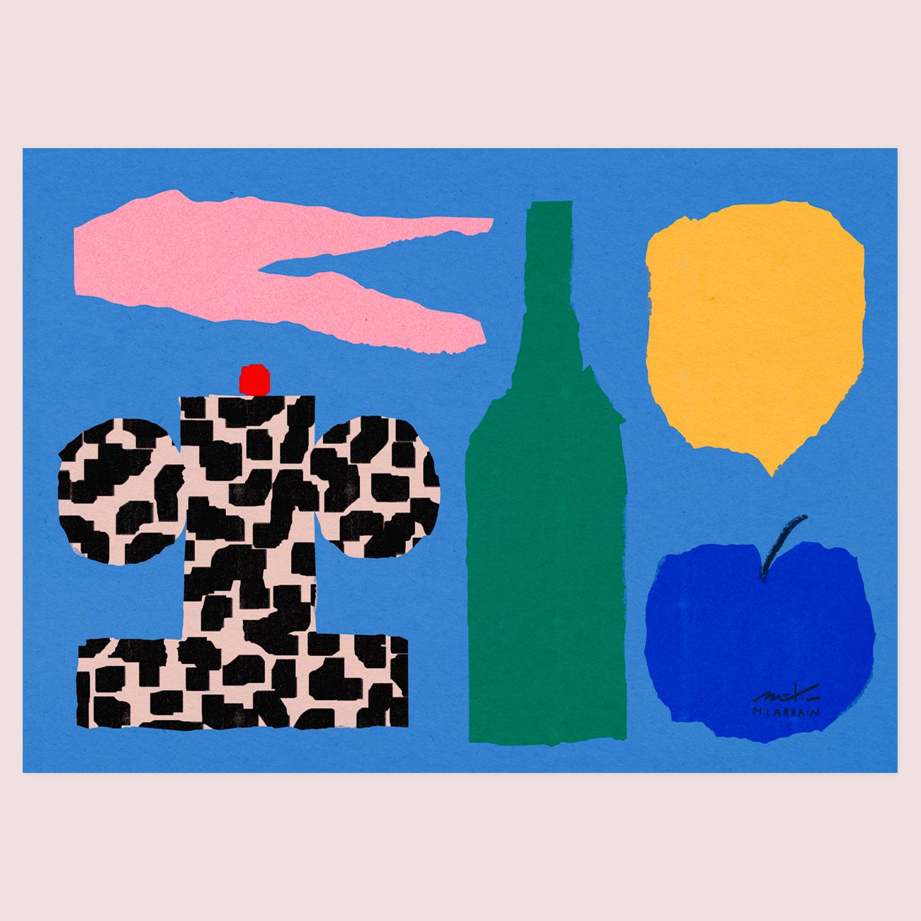 Poster with colourful and modern minimalist art of kitchen elements such as fruit bottles and vase, ideal for dining room or kitchen.