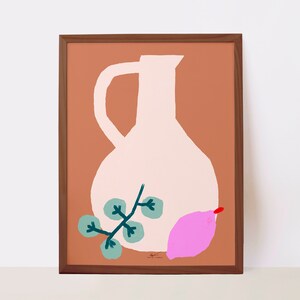 Giclée quality printed wall art with white vase with grapes and lemon