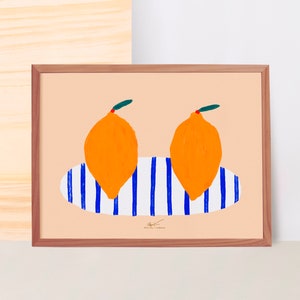 Dish with lemons, colorful wall art printed in giclée quality with yellow lemons and blue striped plate, kitchen decoration