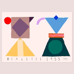 Può includere: Stampa d'arte astratta con due caffettiere Bialetti stilizzate. Il design utilizza forme geometriche in vari colori, tra cui giallo, viola, blu e verde, su uno sfondo color crema. Il testo "BIALETTI 1933" è in basso.