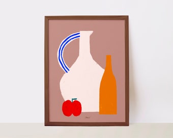 High quality printed wall art with illustration of white vase with bottle and a red apple, Living room and kitchen decoration