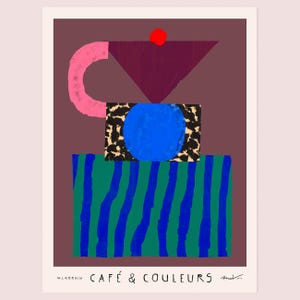 May include: Abstract art print featuring a coffee pot design. The artwork uses geometric shapes and bold colors, including pink, blue, green, and burgundy. The print includes the text "CAFÉ & COULEURS".