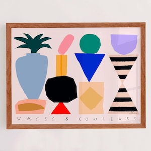 Lámina decorativa colorida y minimalista con jarrones coloridos y frase en francés ideal para decoración de salon o cocina