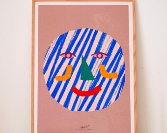 Colorful wall art printed in giclée quality with smiling moon illustration