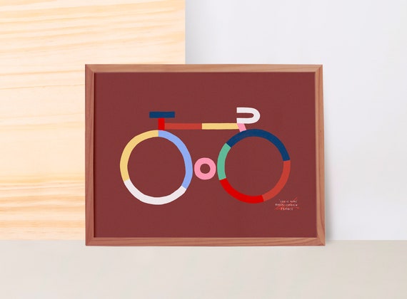 Less is More, wall art with minimalist colorful bicycle illustration