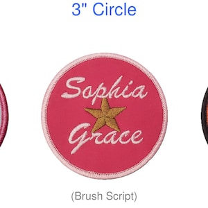 May include: Three embroidered 3-inch circle patches. One is white with pink trim, the text "SUPER STAR", and a gold star. Another is pink with white trim, the text "Sophia Grace", and a gold star. The last is orange with black trim and the text "GO GIANTS".