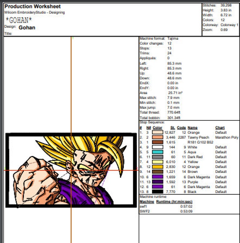 Puede incluir: Un dise&ntilde;o de bordado digital de un personaje de dibujos animados con pelo amarillo puntiagudo, una camisa morada y un cintur&oacute;n rojo y blanco. El dise&ntilde;o se titula "GOHAN" e incluye 12 colores. El dise&ntilde;o mide 9,73 cm de alto y 17,07 cm de ancho.