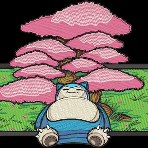 May include: A blue and white cartoon character, Snorlax, is sleeping under a pink cherry blossom tree. The scene is embroidered on a green background with a black border.
