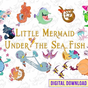 Puede incluir: Una descarga digital de un conjunto de 14 imágenes de dibujos animados de criaturas marinas coloridas de la película La Sirenita. Las imágenes incluyen un caballito de mar, un cangrejo, una tortuga, un pez, un pulpo y más. El texto "Little Mermaid Under the Sea Fish" está escrito en letras doradas sobre un fondo blanco.