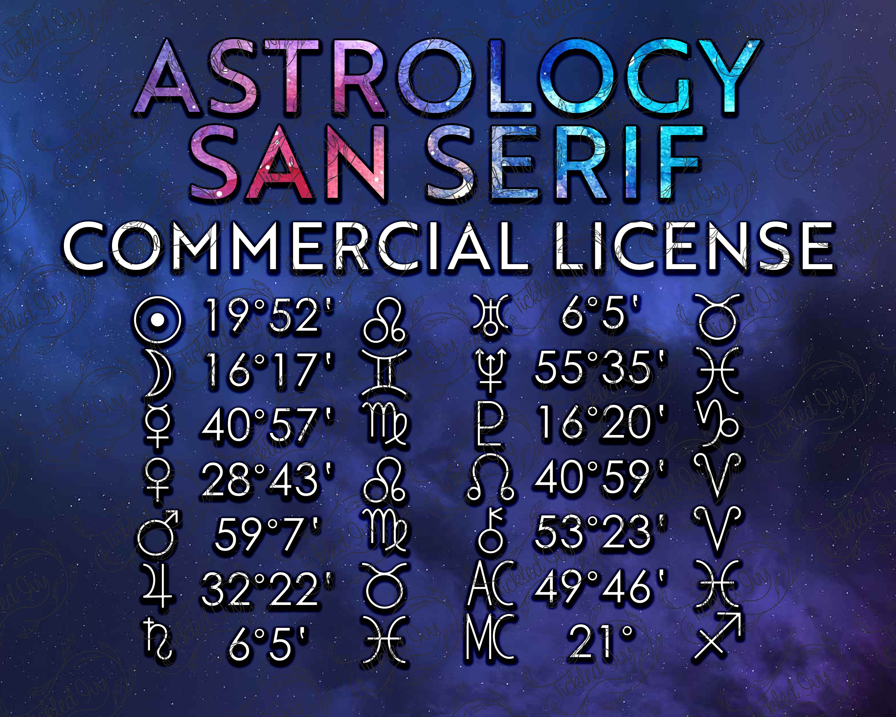 FONT: Astrology San Serif (COMMERCIAL LICENSE) Glyphs, Symbols, Alpha Numeric Open Type Font Files, Planets, Signs, otf, Natal Charts, Books
