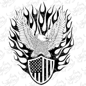 May include: Black and white illustration of an eagle with wings spread, flying through flames. The eagle is holding a shield with the American flag on it.
