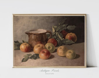 Vintage Bauernhaus Küche Wandbild, Apfel Ölgemälde, Antike rustikale Küchendekoration, Obst Malerei, Apfel Stillleben Druck - DRUCKBAR