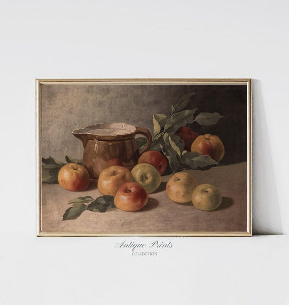 Vintage Farmhouse Kitchen Wall Art, Apple Oil Painting, Antique Rustic Kitchen Decor, Fruit Painting, Apple Still Life Print - PRINTABLE