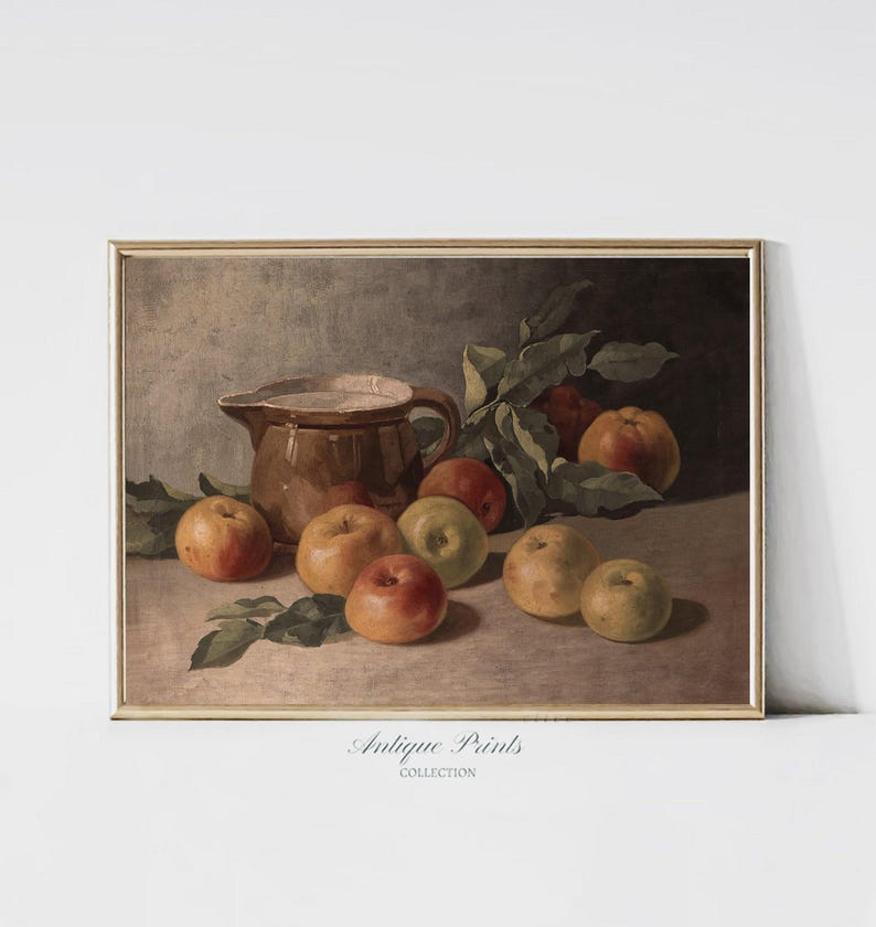 Arte de pared de cocina de granja vintage, pintura al óleo de manzana, decoración rústica de cocina antigua, pintura de frutas, impresión de bodegón de manzana - IMPRIMIBLE imagen 1