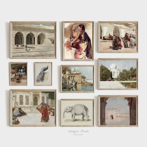 Antique Traditional India Cityscape Set of 10 Painting, Peacock Wall Art, Taj Mahal Print, Vintage Indian Decor, Gallery Wall Set, PRINTABLE