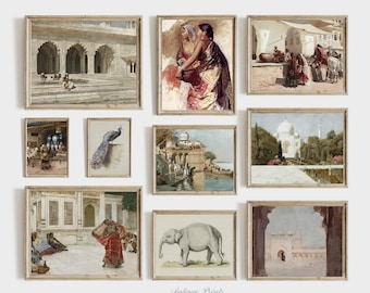 Antieke traditionele Indiase stadsgezicht set van 10 schilderij, Peacock Wall Art, Taj Mahal print, vintage Indiaas decor, galerie muur set, AFDRUKBAAR
