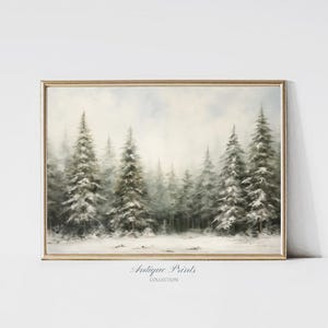 Arte de parede de floresta de pinheiros de inverno, pintura de Natal vintage, arte temática de inverno, decoração de feriados de fazenda, impressões rústicas de paisagens nevadas PARA IMPRIMIR