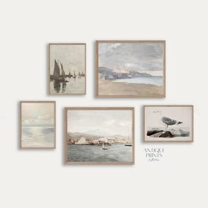 5er Set Vintage Drucke, Meerlandschaft 5 Teile, Antike Neutrale Küste Wandkunst, mediterrane Galeriewand, Segelschiff Malerei - DRUCKBAR